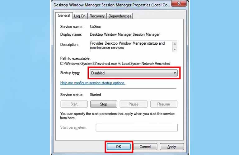 Trong phần cài đặt của Desktop Window Manager Session Manager các bạn chọn Disable rồi nhấn OK