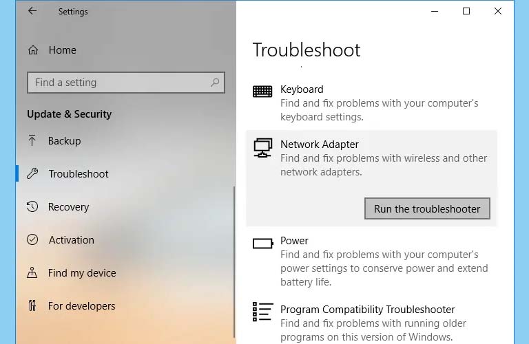 Nhấn vào mục Network Adapter và chọn Run the troubleshooter