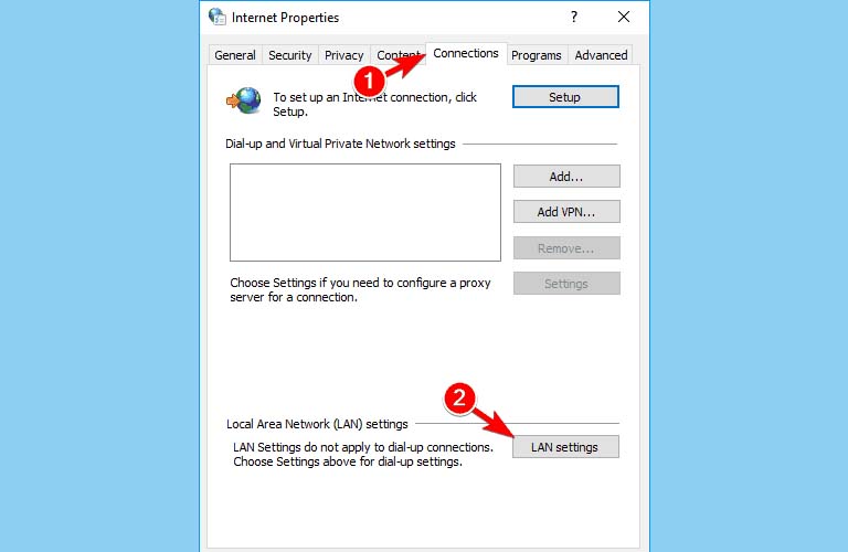 Bạn chuyển sang tab Connections bấm vào LAN settings để tiến hành kiểm tra