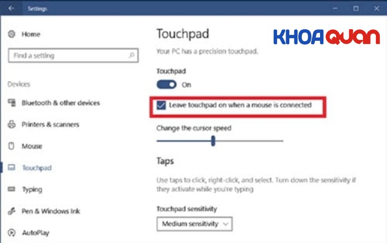 Thiết lập Leave Touchpad on when a mouse is connected để tắt chuột cảm ứng nếu có kết nối với chuột ngoài
